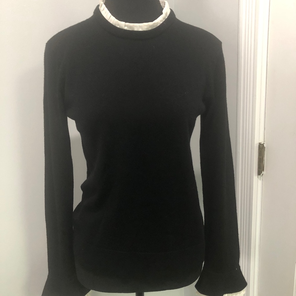 Club Monaco Classic Black Fine Knit Small Sweater with white Frill Detail
